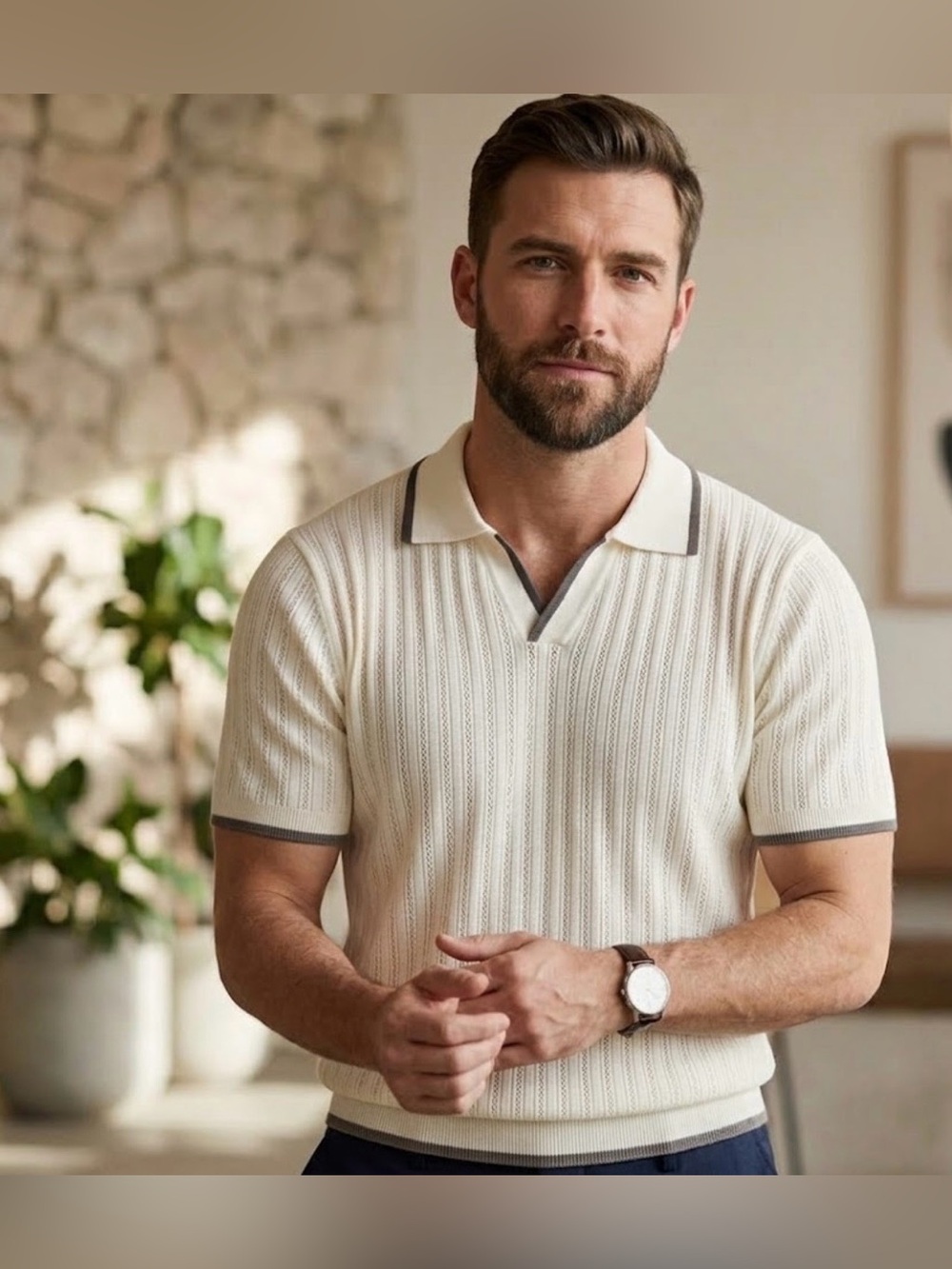 New cuidado con el perro Textured Cream Short-Sleeve Polo with Contrast Trim